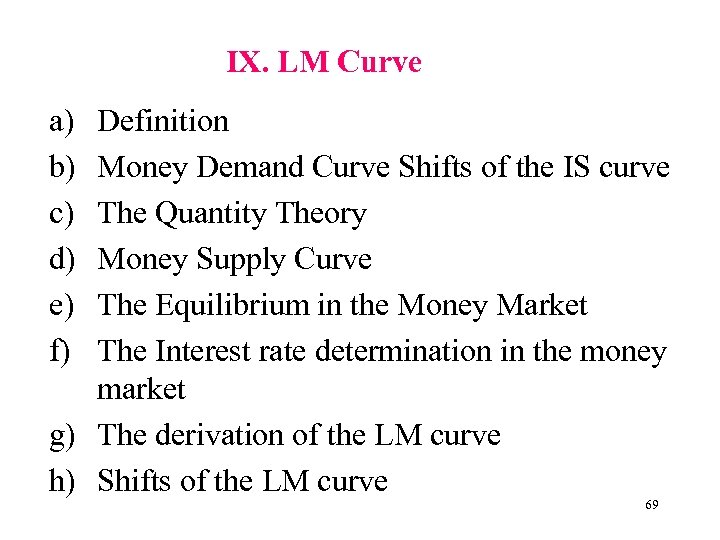 IX. LM Curve a) b) c) d) e) f) Definition Money Demand Curve Shifts