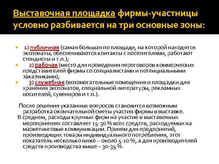 Выставочная площадка фирмы-участницы условно разбивается на три основные зоны: 1) публичная (самая большая по
