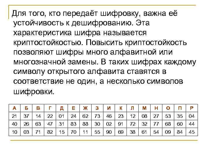  Для того, кто передаёт шифровку, важна её устойчивость к дешифрованию. Эта характеристика шифра