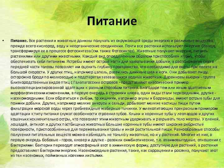 Питание • Питание. Все растения и животные должны получать из окружающей среды энергию и