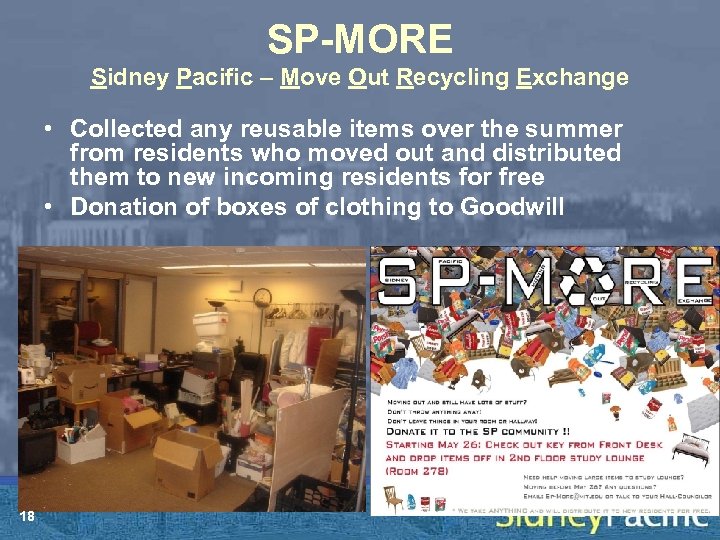 SP-MORE Sidney Pacific – Move Out Recycling Exchange • Collected any reusable items over