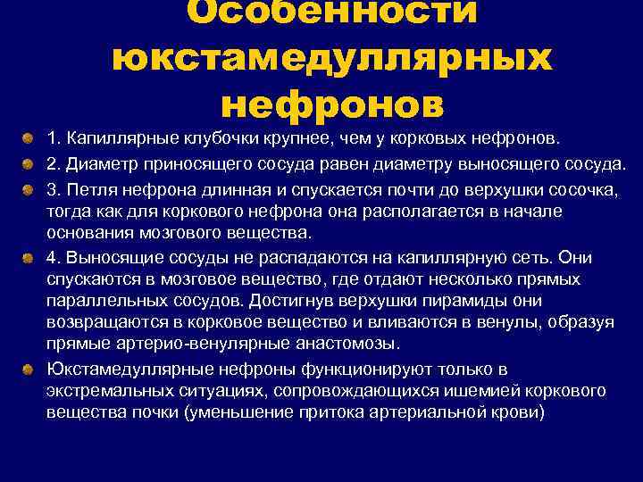 Особенности юкстамедуллярных нефронов 1. Капиллярные клубочки крупнее, чем у корковых нефронов. 2. Диаметр приносящего