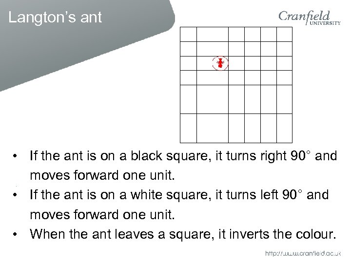  • If the ant is on a black square, it turns right 90°