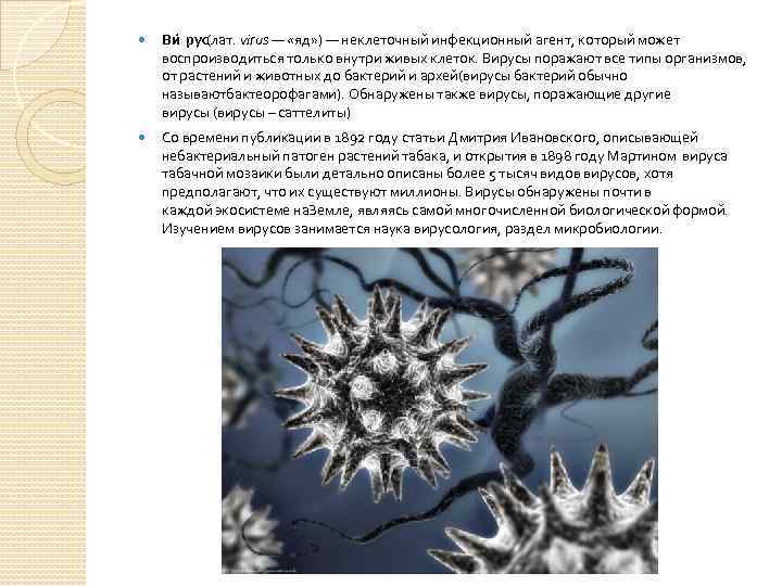  Ви рус(лат. virus — «яд» ) — неклеточный инфекционный агент, который может воспроизводиться