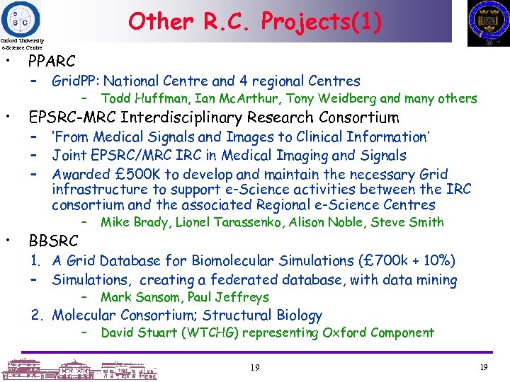 Other R. C. Projects(1) Oxford University e-Science Centre • • • PPARC – Grid.
