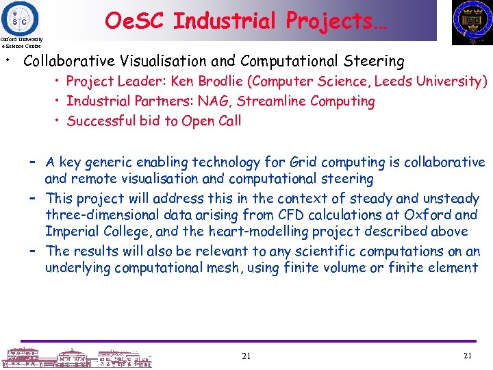 Oe. SC Industrial Projects… Oxford University e-Science Centre • Collaborative Visualisation and Computational Steering