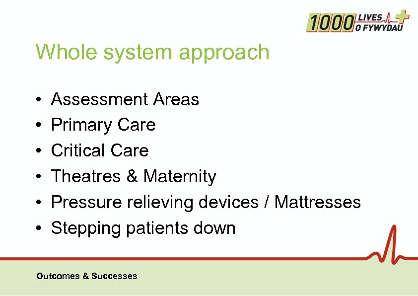 Whole system approach • • • Assessment Areas Primary Care Critical Care Theatres &