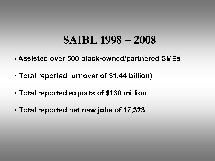 SAIBL 1998 – 2008 • Assisted over 500 black-owned/partnered SMEs • Total reported turnover