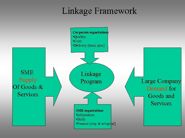 Linkage Framework Corporate expectations • Quality; • Cost; • Delivery [time; spec] SME Supply