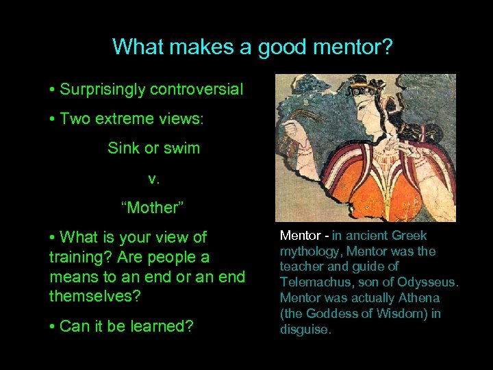What makes a good mentor? • Surprisingly controversial • Two extreme views: Sink or