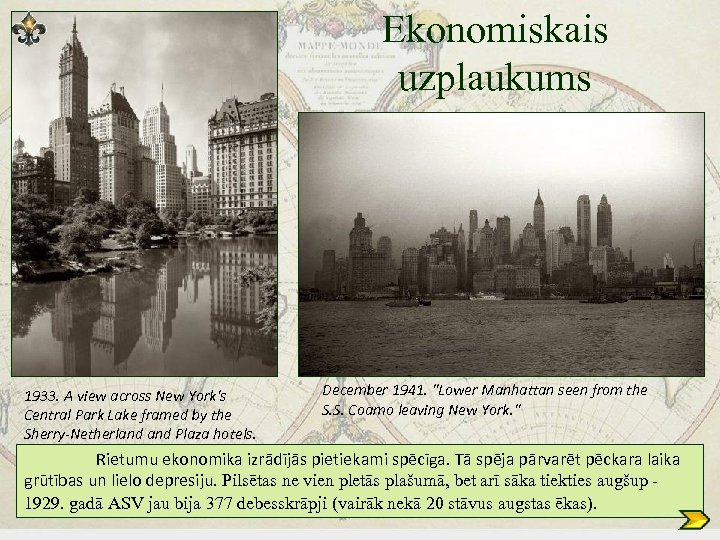 Ekonomiskais uzplaukums 1933. A view across New York's Central Park Lake framed by the