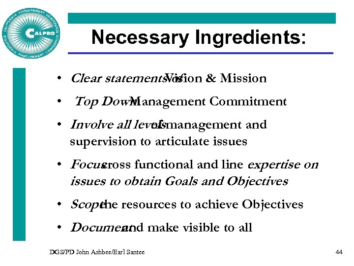 Necessary Ingredients: • Clear statements. Vision & Mission of • Top Down Management Commitment