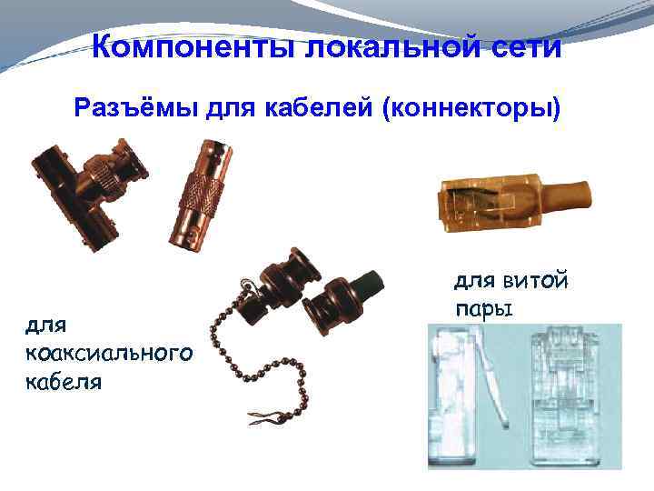 Компоненты локальной сети Разъёмы для кабелей (коннекторы) для коаксиального кабеля для витой пары 