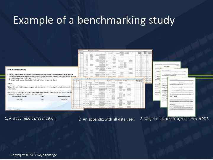 Example of a benchmarking study 1. A study report presentation. Copyright © 2017 Royalty.