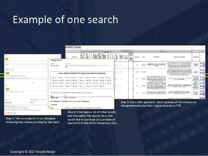 Example of one search Step 3: Soon after payment, client receives all information on