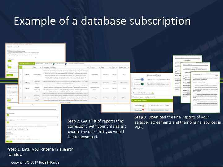 Example of a database subscription Step 2: Get a list of reports that correspond