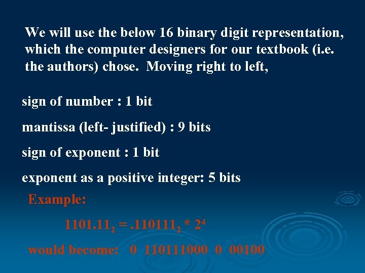 We will use the below 16 binary digit representation, which the computer designers for