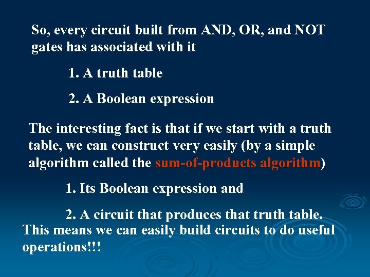 So, every circuit built from AND, OR, and NOT gates has associated with it