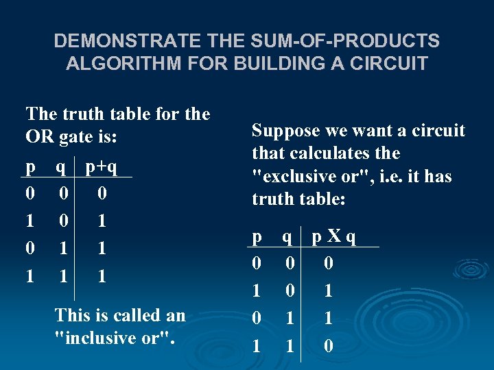 DEMONSTRATE THE SUM-OF-PRODUCTS ALGORITHM FOR BUILDING A CIRCUIT The truth table for the OR