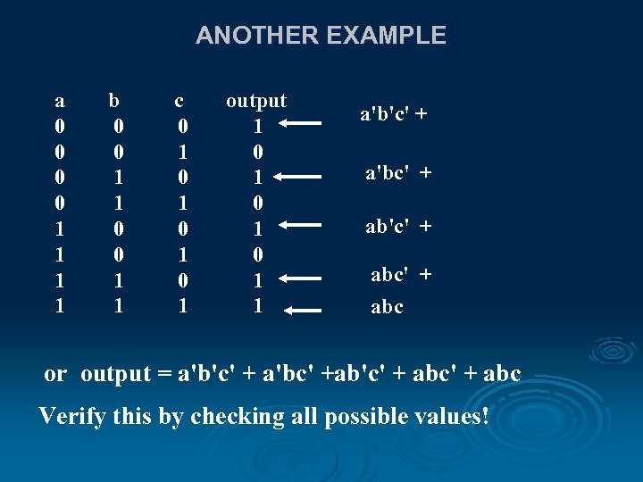 ANOTHER EXAMPLE a 0 0 1 1 b 0 0 1 1 c 0