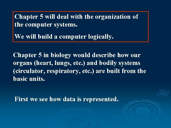 Chapter 5 will deal with the organization of the computer systems. We will build