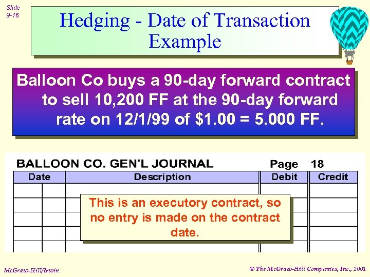 Slide 9 -16 Hedging - Date of Transaction Example Balloon Co buys a 90