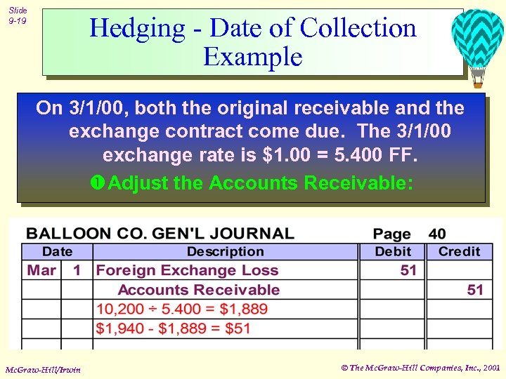 Slide 9 -19 Hedging - Date of Collection Example On 3/1/00, both the original
