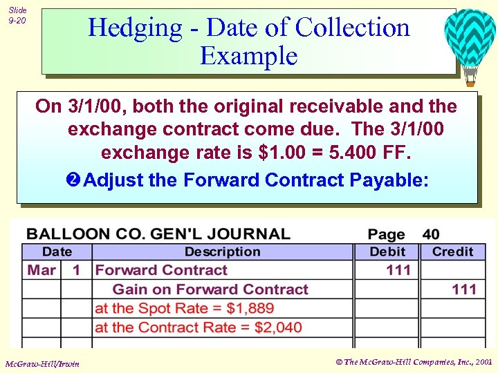 Slide 9 -20 Hedging - Date of Collection Example On 3/1/00, both the original