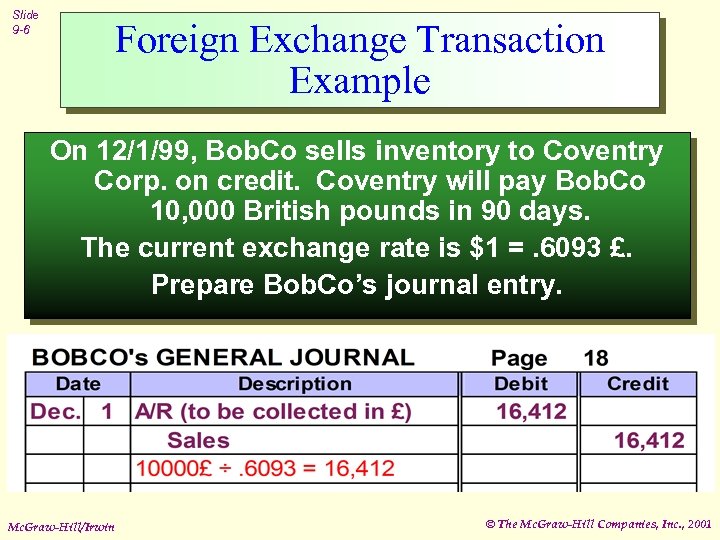 Slide 9 -6 Foreign Exchange Transaction Example On 12/1/99, Bob. Co sells inventory to