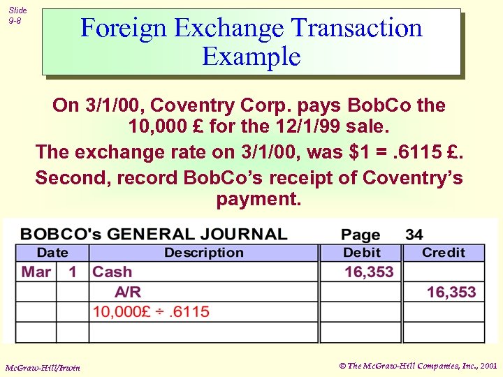 Slide 9 -8 Foreign Exchange Transaction Example On 3/1/00, Coventry Corp. pays Bob. Co