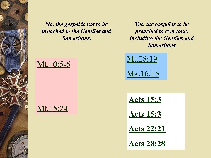 No, the gospel is not to be preached to the Gentiles and Samaritans. Mt.