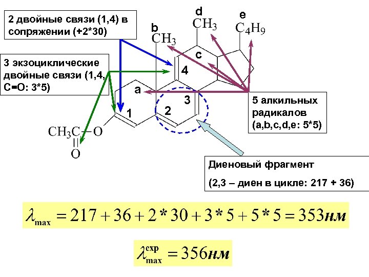 d 2 двойные связи (1, 4) в сопряжении (+2*30) b e c 3 экзоциклические