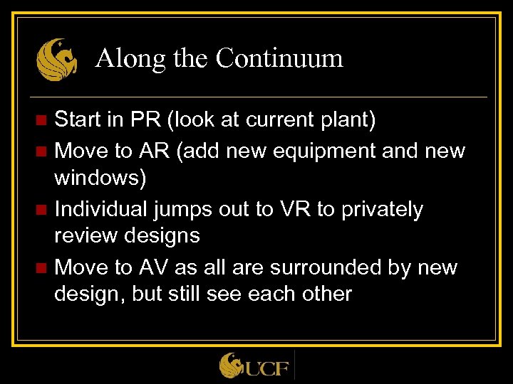 Along the Continuum Start in PR (look at current plant) n Move to AR