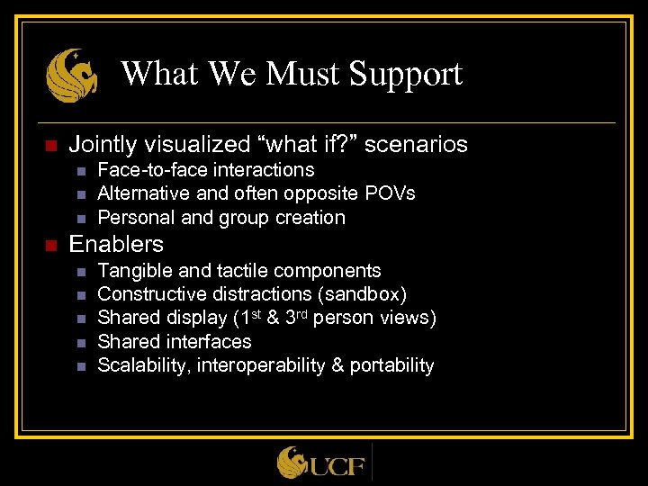 What We Must Support n Jointly visualized “what if? ” scenarios n n Face-to-face
