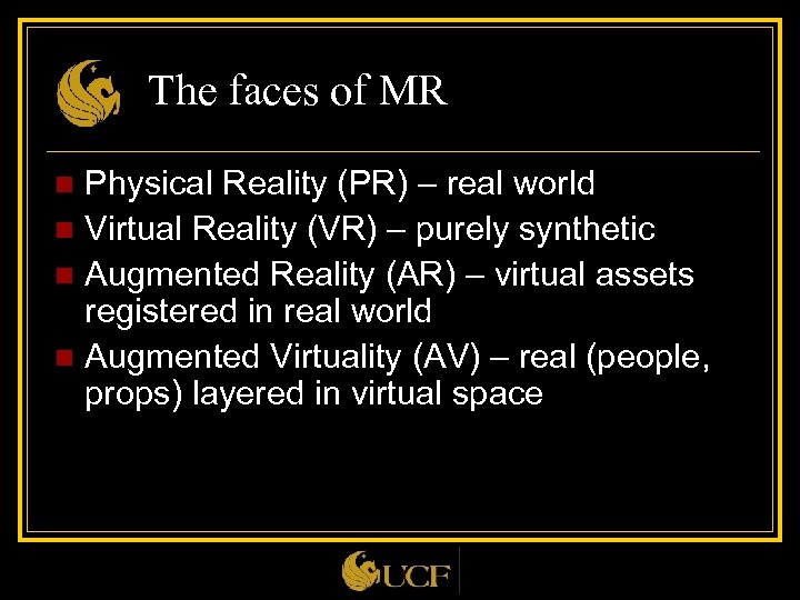 The faces of MR Physical Reality (PR) – real world n Virtual Reality (VR)