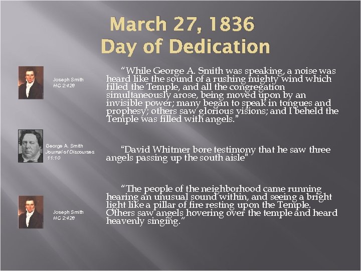 March 27, 1836 Day of Dedication Joseph Smith HC 2: 428 George A. Smith