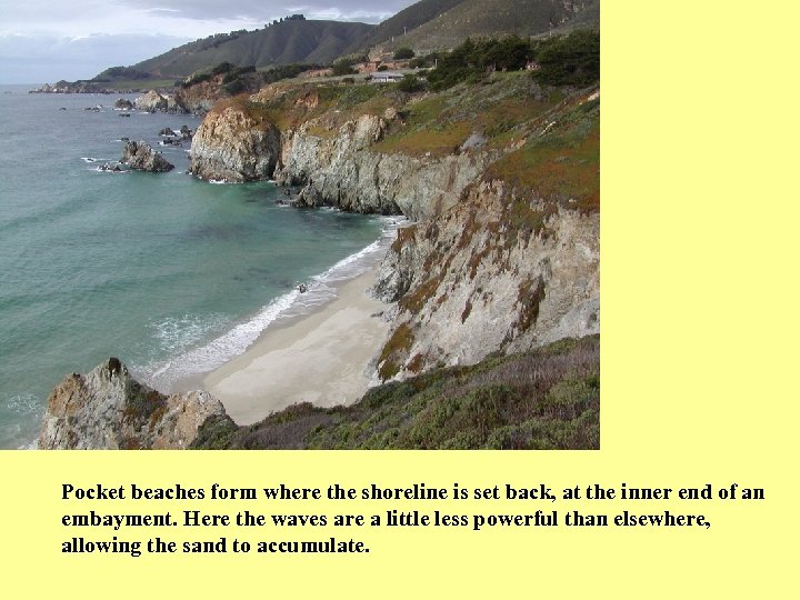 Pocket beaches form where the shoreline is set back, at the inner end of