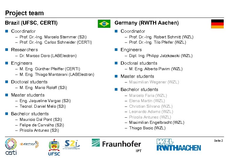Project team Brazil (UFSC, CERTI) Germany (RWTH Aachen) n Coordinator – Prof. Dr. -Ing.