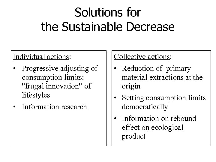 Solutions for the Sustainable Decrease Individual actions: Collective actions: • Progressive adjusting of consumption