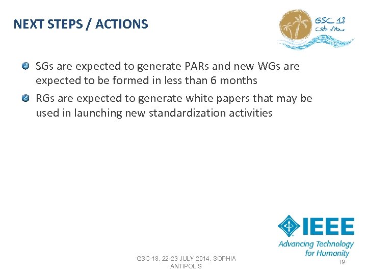 NEXT STEPS / ACTIONS SGs are expected to generate PARs and new WGs are