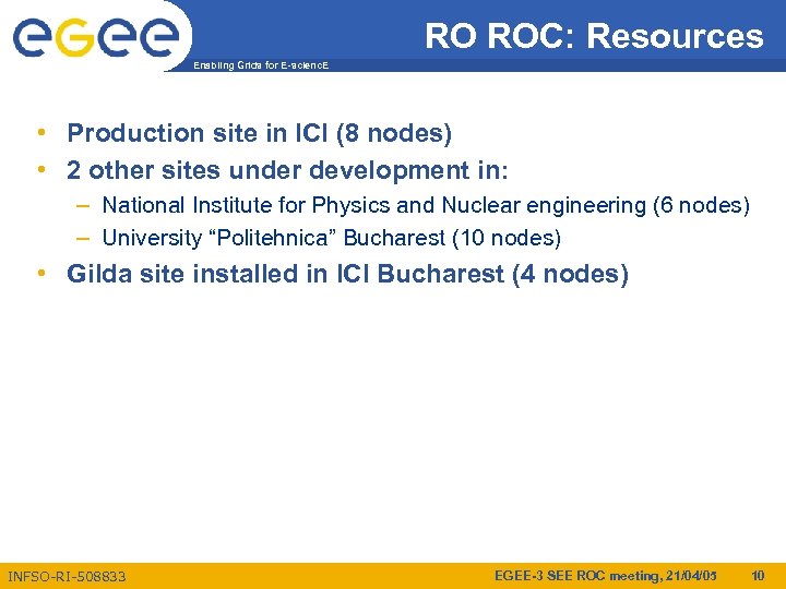 RO ROC: Resources Enabling Grids for E-scienc. E • Production site in ICI (8