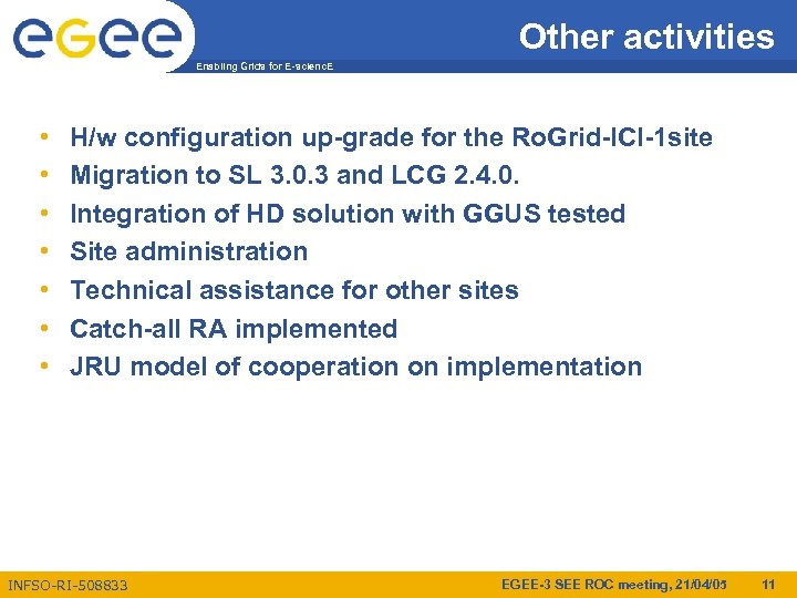 Other activities Enabling Grids for E-scienc. E • • H/w configuration up-grade for the