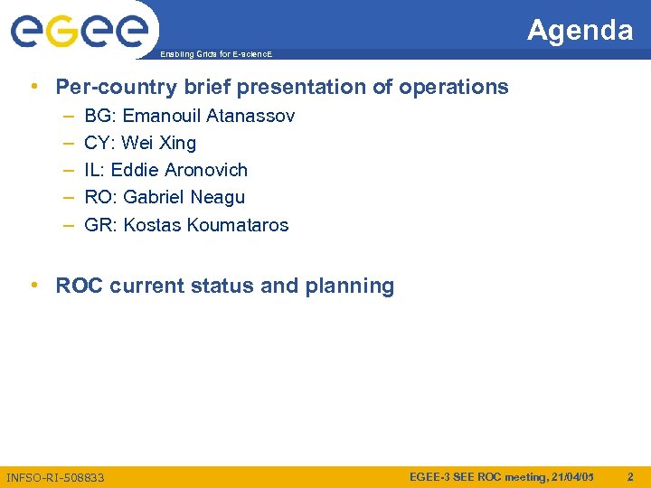 Agenda Enabling Grids for E-scienc. E • Per-country brief presentation of operations – –