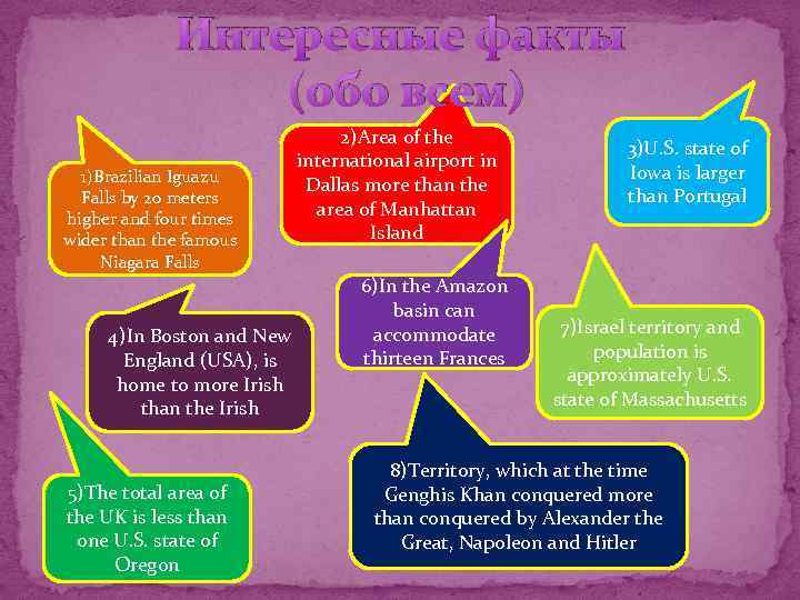 Интересные факты (обо всем) 1)Brazilian Iguazu Falls by 20 meters higher and four times