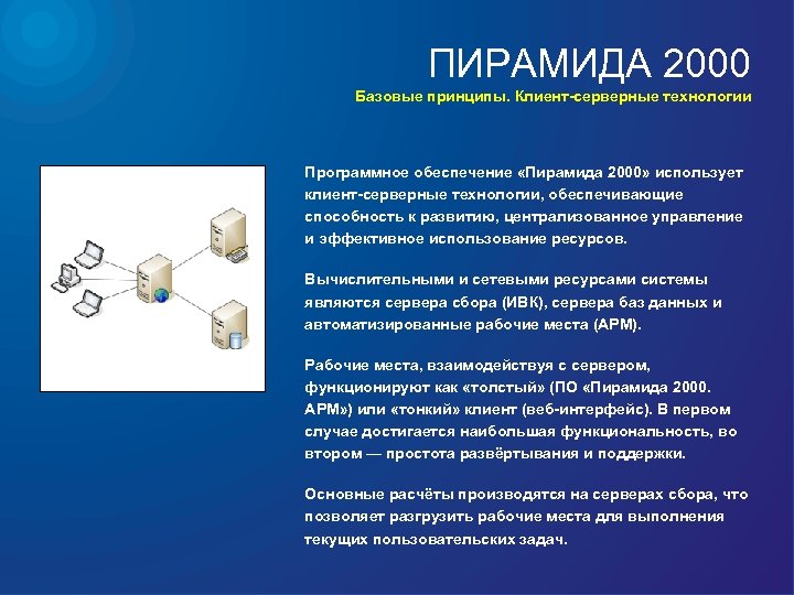 ПИРАМИДА 2000 Базовые принципы. Клиент-серверные технологии Программное обеспечение «Пирамида 2000» использует клиент-серверные технологии, обеспечивающие