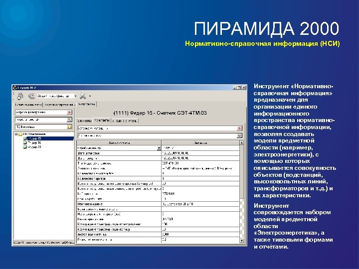 ПИРАМИДА 2000 Нормативно-справочная информация (НСИ) Инструмент «Нормативносправочная информация» предназначен для организации единого информационного пространства