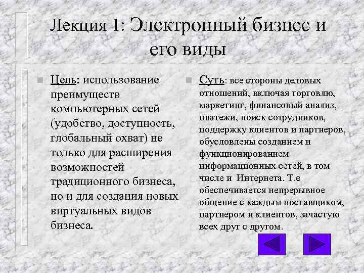 Лекция 1: Электронный бизнес и его виды n Цель: использование преимуществ компьютерных сетей (удобство,