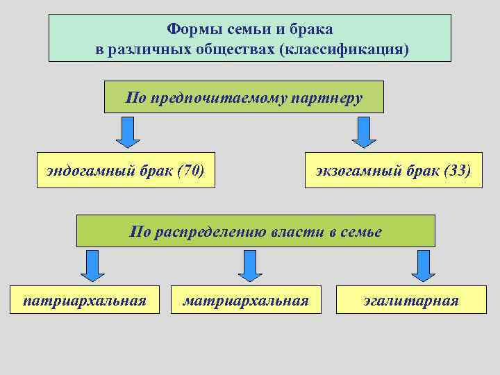 Формы семьи и брака в различных обществах (классификация) По предпочитаемому партнеру эндогамный брак (70)