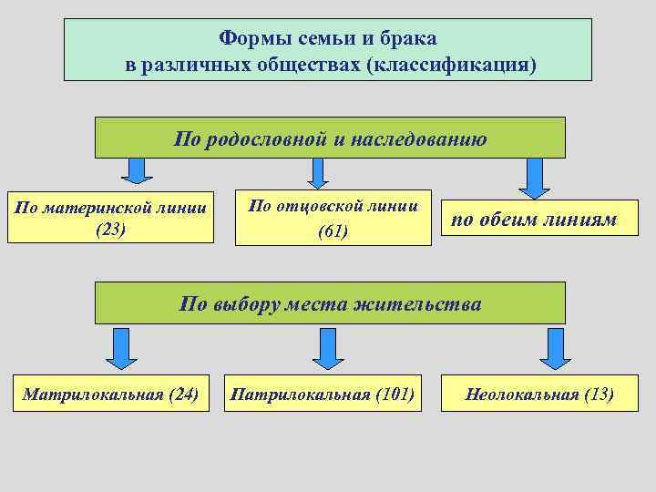 Формы семьи и брака в различных обществах (классификация) По родословной и наследованию По материнской