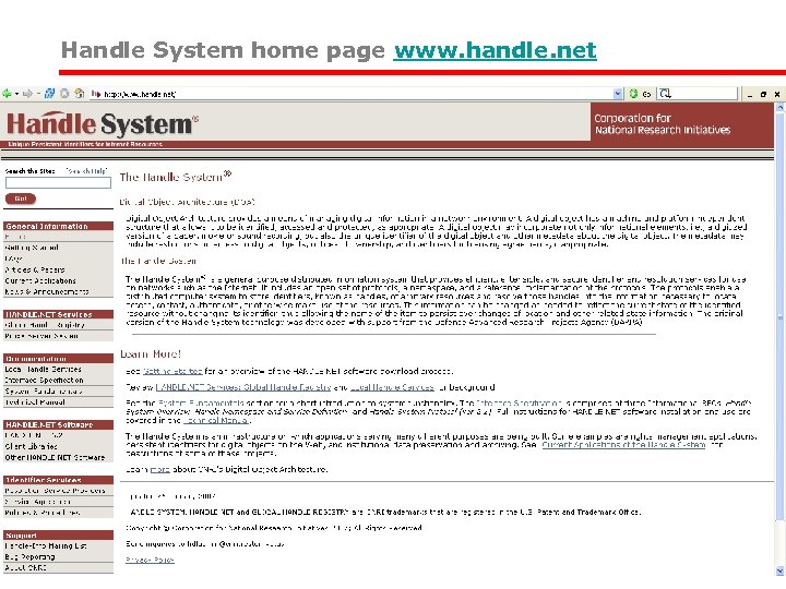 Handle System home page www. handle. net 